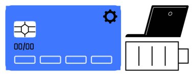 Dijital ödemeler, online bankacılık, finansal güvenlik, güvenli işlemler, e-ticaret, veri koruması. Laptopun yanında çip ve vites simgesi olan mavi bir kredi kartı. Dijital ödemeler ve online bankacılık