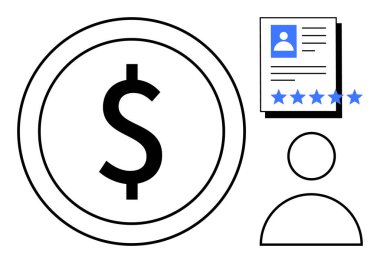 Kullanıcı profili simgesi ve sınıflandırılmış özgeçmiş ile birlikte yuvarlak çerçevedeki dolar sembolü. Finansal istihdam, insan kaynakları, kariyer ilerlemesi, çalışan değerlendirmesi, iş başvuruları, maaş