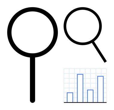 İki büyüteç, soruşturma, odaklanma ve analizi temsil eden bir bar tablosunu vurguluyor. Araştırma, teftiş, keşif, veri analizi, sorun çözme iş değerlendirmesi için ideal