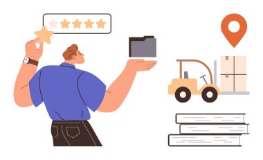 El arabasının, kitapların, harita iğnelerinin yanında bir yıldız ve klasör tutan adam görevleri sınıflandırmayı, organizasyonu ve lojistiği onaylıyor. Müşteri hizmetleri, verimlilik, lojistik işgücü bilgisi için ideal