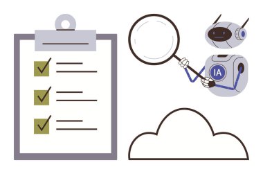 Robot, Yapay Zeka 'yı büyüteçle etiketledi. Pano ve bulut sembolündeki kontrol listesini analiz etti. Veri analizi, yapay zeka entegrasyonu, bulut hesaplaması, görev otomasyonu, verimlilik, kalite kontrolü için ideal
