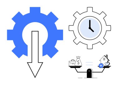 İş verimliliği. Aerodinamik süreçleri gösteren dişli ve ok. Zaman yönetimini yansıtan saat, teraziyle karar verme dengesi. İş, verimlilik, süreçler, zaman tasarrufu, analiz