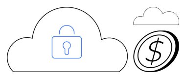 Bulut teknolojisi, finansal güvenlik, veri koruması, gizlilik, online işlemler, siber güvenlik. Kilitli bulut ve dolar simgesi. Bulut teknolojisi ve finansal güvenlik kavramı