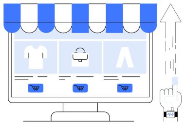 E-ticaret, çevrimiçi mağazalar, dijital alışveriş, perakende satış teknolojisi, web pazarı, müşteri ilişkileri. Alışveriş ikonları ve giyilebilir teknolojilerle çevrimiçi mağaza önü. E-ticaret ve çevrimiçi mağazalar