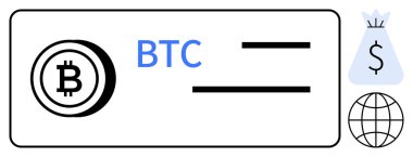 Bitcoin sembolü ve BTC metni bir finansal çanta simgesi ve küresel grafiğin yanında. Kripto ödeme, küresel finans, engelleme teknolojisini temsil ediyor. Fintech, e-ticaret, online ödemeler için ideal