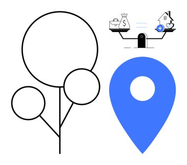 Yer belirleme konsepti. Harita iğnesi, finansal semboller ve yaşam tarzı için sağlık dengesi ile belirtilmiş coğrafi konum. Navigasyon, sürdürülebilirlik, teknoloji, seyahat, modern