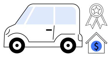 Araba finansmanı, sigorta, ödül programları, gayrimenkul yatırımları, ekonomik güvenlik, finansal başarı. Küçük araba, kurdele ve dolar sembollü ev. Araba finansmanı ve sigorta kavramları