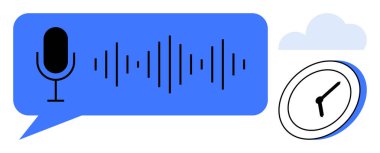 Ses tanıma, zaman yönetimi, veri kaydı, transkripsiyon, bulut hesaplama, ses teknolojisi. Mikrofonlu mavi konuşma balonu ve dalga, saat ve bulut. Ses tanıma ve zaman