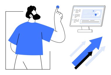 İş büyümesi, veri analizi, kullanıcı arayüzü tasarımı, finansal planlama, karar verme, dijital araçlar. Ekran ve finansal grafiklerle etkileşimde olan kişi. İş büyümesi ve veri analizi