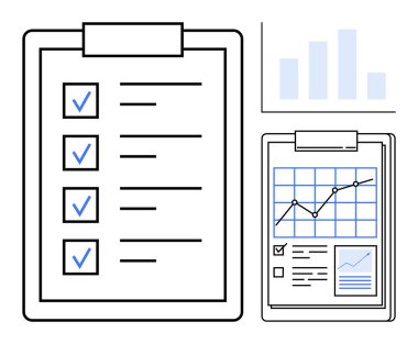 Görev yönetimi, üretkenlik araçları, veri analizi, iş verimliliği, ilerleme izleme, istatistiksel değerlendirme. Kontrol listeleri ve performans grafikleri olan panolar. Görev yönetimi