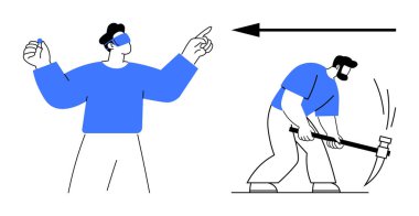 Meta evren konsepti. Sanal bir kullanıcı ve el aletleri kullanan bir işçi ile metaverse. Meta evren gelecekteki teknolojik bütünleşmeyi ve fiziksel emeği ön plana çıkarıyor. Teknoloji, yenilik, iş dengesi için