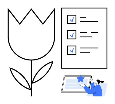 Üretkenlik, görev yönetimi, organizasyon, dijital iş akışı, hedef izleme, kullanıcı arayüzü. Bir kontrol listesi, stilize çiçek ve tabletle etkileşim içinde olan biri. Görev yönetimi ve verimlilik