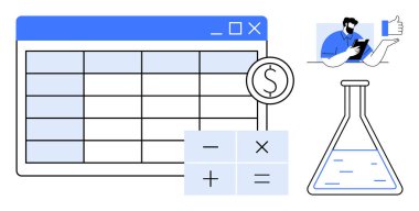 Finansal analiz, bütçe, eğitim, bilim, araştırma, veri görselleştirme. Hesap tablosu arayüzü, hesap makinesi sembolleri laboratuvar matarası profesyonel inceleme verileri. Mali analiz ve bütçe