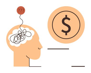 Soru işareti balonuna ve görünür bir dolar işaretine bağlı bir insan kafasındaki karmaşık düşünceler. Finans, karar verme, psikoloji, kafa karışıklığı, para yönetimi, sorun çözme, basit