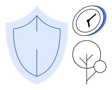 Siber güvenlik, zaman yönetimi, çevresel sürdürülebilirlik, koruma, organizasyon, ekolojik bilinç. Minimalist kalkan, saat ve ağaç simgeleri. Siber güvenlik ve zaman yönetimi