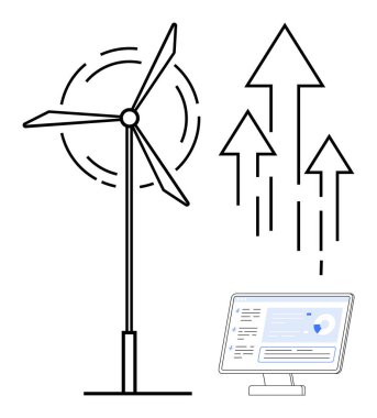 Yenilenebilir enerji, veri görselleştirme, teknoloji, verimlilik, çevresel koruma, optimizasyon. Yükselen eğilimleri gösteren oklar ve grafiklerle bilgisayarın yanında rüzgar türbini. Yenilenebilir enerji
