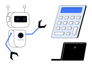 Yapay zeka, otomasyon, teknoloji, robot bilimi, makine öğrenimi, yenilik. Aletleri olan bir robot hesap makinesi ve dizüstü bilgisayarı onaylıyor. Yapay zeka ve otomasyon kavramı