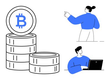 Kripto para birimi, engelleme zinciri, dijital finans, yatırım, internet sektörü, takım çalışması. Bitcoin para yığını ve profesyoneller çalışıyor. Kripto para birimi ve engelleme teknolojisi kavramı