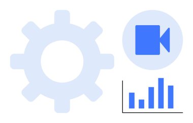 Teknoloji, video üretimi, analitik, işlemler, iş araçları, veri görselleştirme. Bir vites, video kamera ikonu ve çubuk grafiği. İş operasyonlarında teknoloji ve video üretimi