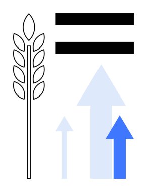 Değişen opaklıktaki yükselen oklar üzerinde eşit büyüklükte bir levhanın yanında bir buğday sapı. Tarım, ilerleme, eşitlik, büyüme, sürdürülebilirlik, ekonomi ve fırsat için idealdir. Basit düz metafor
