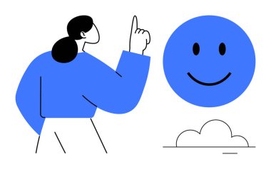 Pozitif olma kavramı. Büyük bir gülümseyen yüz sembolü ile etkileşime giren kişi pozitifliğin bir yansımasıdır. Olumlu olmak ve iletişim ve zihinsel refah içinde insanlar arası bağlantı kurmak. İdeal