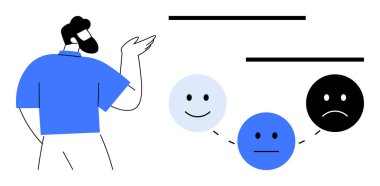 Mutluluğu, tarafsızlığı ve üzüntüyü temsil eden üç duygusal yüze işaret eden kişi. Geri bildirim, duygu, kullanıcı deneyimi, karar verme, psikoloji, değerlendirme iletişimi için ideal