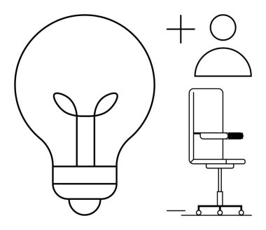 Yenilik, üretkenlik, takım çalışması, yaratıcılık, profesyonel çalışma alanı, modern tasarım. Ampul, insan ikonu ve ofis sandalyesi en düşük çizgi sanat tarzında. Yenilik ve üretkenlik kavramı
