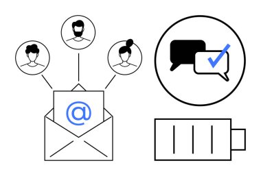 Kullanıcı profillerine bağlı e- posta simgesi, bildirim işaretli sohbet simgeleri ve pil göstergesi içeren bir zarf aç. İletişim, ağ oluşturma, işbirliği, mesajlaşma, bildirimler için ideal