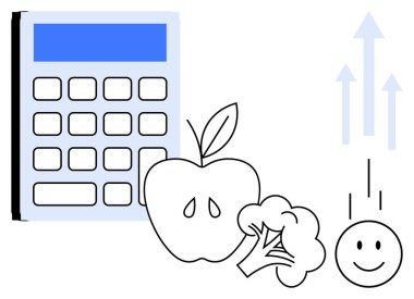 Beslenme bütçesi konsepti. Beslenme sezgileri, maliyet izleme ve sağIık sembolleriyle eşleştirilmiştir. Beslenme seçenekleri, finansal planlama, daha iyi sağlık takibi, sağlıklı yaşam tarzı, yemek planlaması