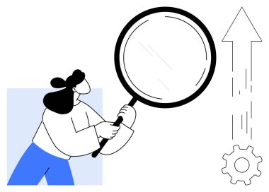 İş geliştirme, veri analizi, strateji planlaması, başarı büyümesi, araştırma, optimizasyon. Yukarı doğru ok ve vites simgesinin yanında büyüteç tutan bir kadın. İş geliştirme ve veri