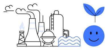 Sürdürülebilirlik kavramı. Endüstriyel santraller, temiz enerji sembolleri ve çevre dostu elementlerle sürdürülebilirlik. Sürdürülebilirlik endüstri ve çevre arasındaki uyumu teşvik ediyor. Çevre için