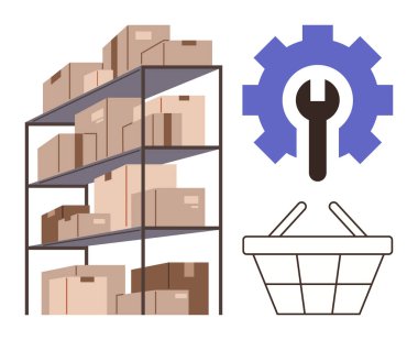 Depo rafı kutularla dolu, mavi dişli İngiliz anahtarı, beyaz alışveriş sepeti ikonu. Lojistik, e-ticaret, envanter, tedarik zinciri, perakende depo yönetimi planlama için ideal. Basit.