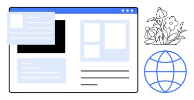 Web geliştirme, küresel iletişim, çevrimiçi varlık, dijital tasarım trendleri, kullanıcı arayüzü, çevre dostu kavramlar. Çiçekli ve dünya ikonlu yapılandırılmış web sitesi düzeni. Web Geliştirme