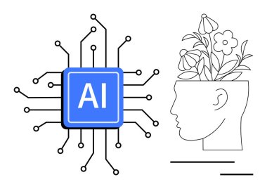 Sinir bağlantıları olan yapay zeka çipi, çiçek açan insan başıyla eşleştirilir ve teknoloji yaratıcılıkla birleştirilir. Yenilik için ideal, yapay zeka, yaratıcılık, dijital evrim, teknoloji, insan zihni, büyüme