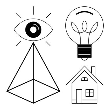Vizyon, yenilik, enerji kaynakları, ev tasarımı, geometri, sembolik sanat. Piramidin tepesindeki göz, ampul evi. Görüş ve yenilik kavramları minimalist geometrik biçimlerdedir.
