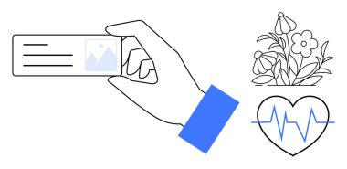 Kimlik doğrulama, sağlık, güvenlik, çevre bakımı, sağlık, kişisel bilgiler. Elinde kimlik kartı, çiçek illüstrasyonu kalp şeklinde EKG çizgisi var. Kimlik doğrulaması