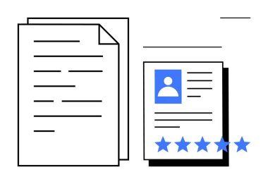 Bir fotoğraf ikonu, metin satırları ve beş yıldızlı notun yer aldığı belgeler ve profil kartı. İş başvuruları, işe alım, değerlendirme, HR süreçleri, çalışan performansı, geri bildirim sistemleri kalitesi için ideal