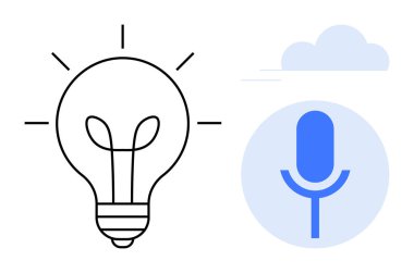 Creativity, innovation, digital content, brainstorming, podcasting, communication. Light bulb and microphone icons with a cloud element. Creativity and innovation concept