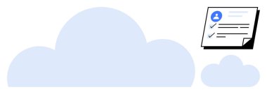 Large and small cloud shapes with a checklist document featuring a user profile for cloud storage management. Ideal for organization, data sharing, digital workflow, accessibility, internet, cloud