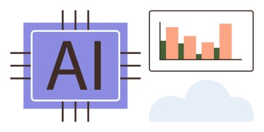 Yapay zeka çipi tasarımı, veri analizi, makine öğrenmesi ve teknolojiyi vurgulayan bir çubuk grafiği ve bulut elemanına bağlıdır. Yenilik, bilgisayar, otomasyon, analitik, bulut hizmetleri için ideal