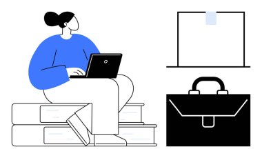 Uzaktan çalışma, çevrimiçi öğrenme, kariyer geliştirme, ofis işleri, dijital çalışma alanı, verimlilik. Kitaplarda dizüstü bilgisayar, evrak çantası ve boş bir tahta kullanan biri. Uzak çalışma ve çevrimiçi öğrenme