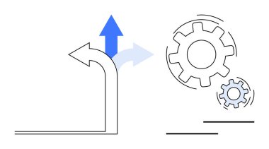 İş stratejisi, karar verme, süreç akışı, operasyonel gelişme, yenilik, ilerleme. İki ok ayrışması ve dişli simgeleri verimli sistemler olduğunu gösteriyor. İş stratejisi