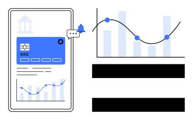 Analiz çizelgesinin yanında mobil bankacılık arayüzü, bildirim, ayarlar, finansal trend grafiği gösteren akıllı telefon. Finans, bankacılık, analitik, fintech, ekonomi verileri için ideal
