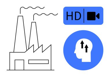 Endüstri. Duman bacaları, HD video teknolojisi ve insan kafası yeniliği olan endüstri. İş dünyası, şirket stratejisi, eğitim sunumları ve medya için sanayi, teknoloji ve ilerleme temaları