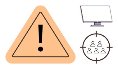 Ünlem işareti, bilgisayar monitörü ve kapsam hedefleme grubuyla uyarı üçgeni. Siber güvenlik, çevrimiçi tehditler, tehlike, güvenlik, ekip çalışması ve karar verme için ideal. Basit düz