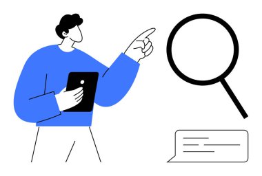 Bir adam konuşma balonunun yanında büyüteç tutarken bir tablet tutuyor. Analiz, arama ve iletişim öneriyor. Araştırma, öğrenme, takım çalışması ve eğitim keşfi için ideal