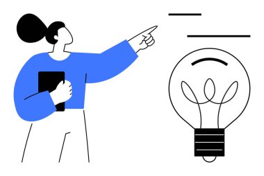 Yenilik, yaratıcılık, eğitim, karar verme, problem çözme, öğrenme. Bir kadın büyük bir ampulü işaret eder. Fikirlere ve keşiflere odaklı yenilik ve yaratıcılık kavramı