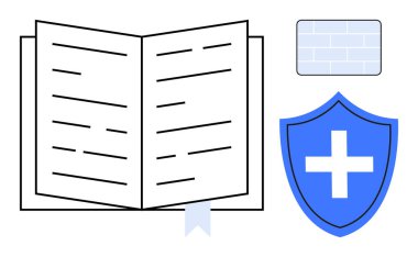 Eğitim, veri koruması, güvenlik, bilgi, bilgi güvenliği, güven. Kitap ayracı, mavi haç kalkanı ve tuğla arka planı olan açık bir kitap. Eğitim ve veri koruma kavramı