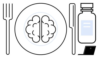 Beyin sağlığı, beslenme, zihinsel odaklanma, sağlık, diyet takviyeleri, modern tıp. Çatal, bıçak şişesi ve dijital aletle tabakta bir beyin şekli. Beyin sağlığı ve beslenme konsepti