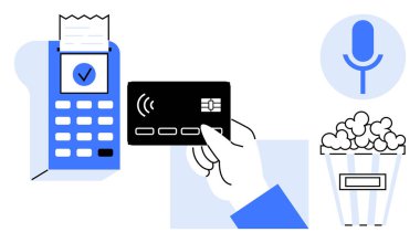 Dijital ödemeler, eğlence, alışveriş, ses tanıma, bağlantısız alımlar, kolaylık. Patlamış mısır kovası ve mikrofonun yanında bir kredi kartı ve terminal. Dijital ödemeler